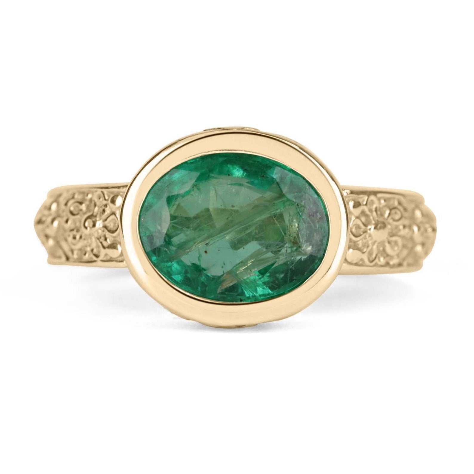 3.20 Carat East-West Oval Emerald Bezel Set Solitaire Floral Ring - JR Colombian Emeralds