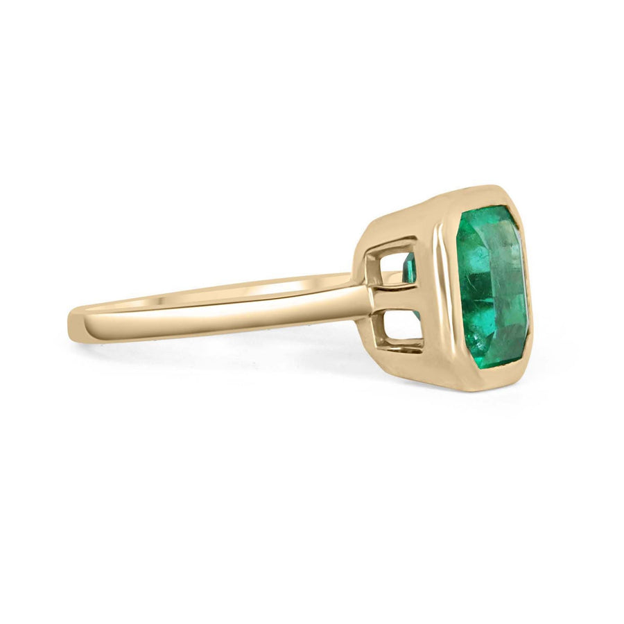 18K Colombian Emerald-Emerald Cut Solitaire Bezel Set Gold Ring
