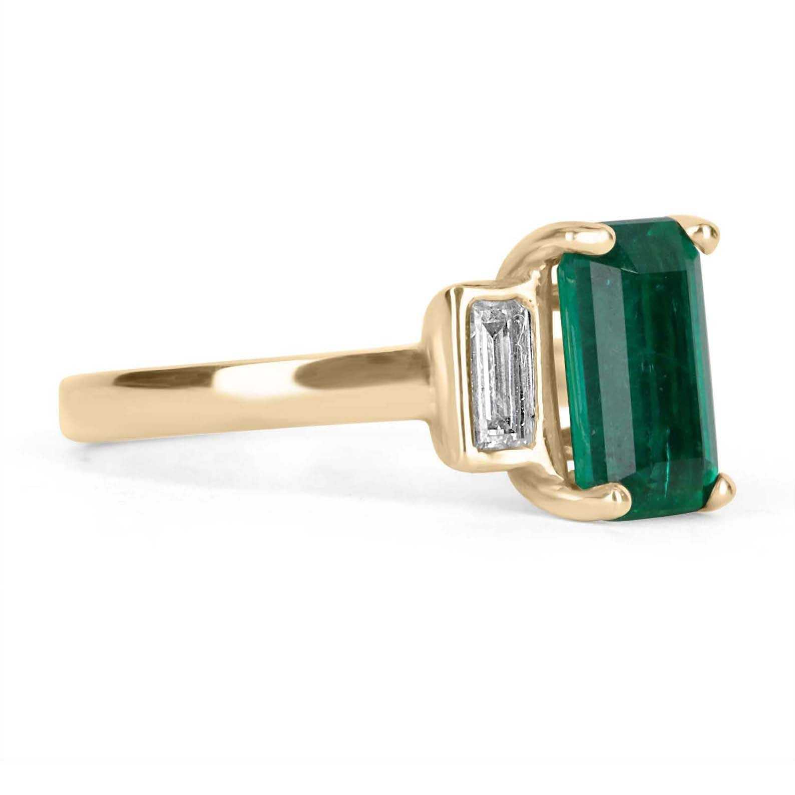 2.15tcw 18K Three Stone Emerald Cut Emerald & Diamond Ring - JR Colombian Emeralds