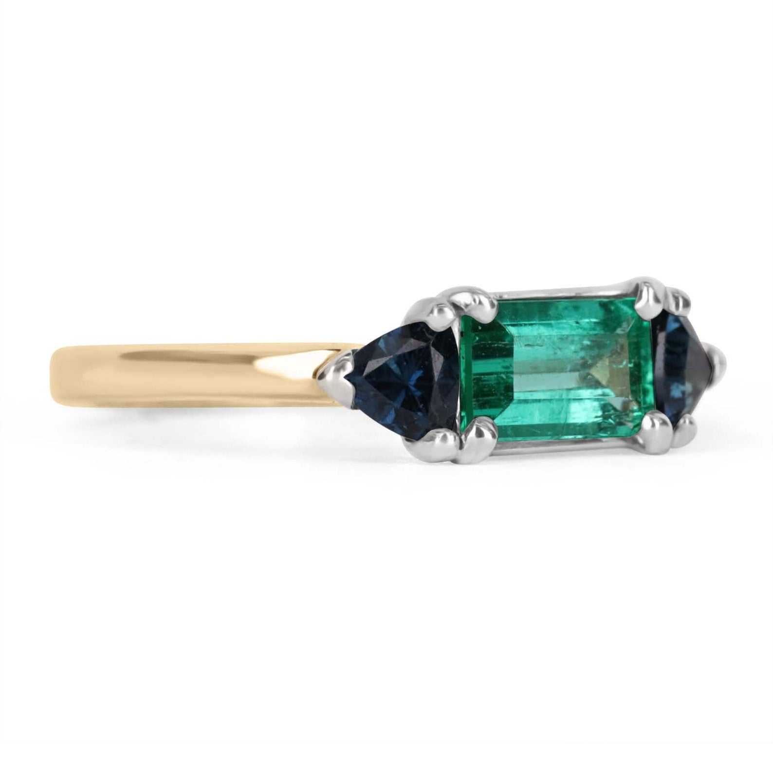 East to West 1.63tcw Natural Emerald & Trillion Cut Blue Sapphire Three Stone Ring 14k