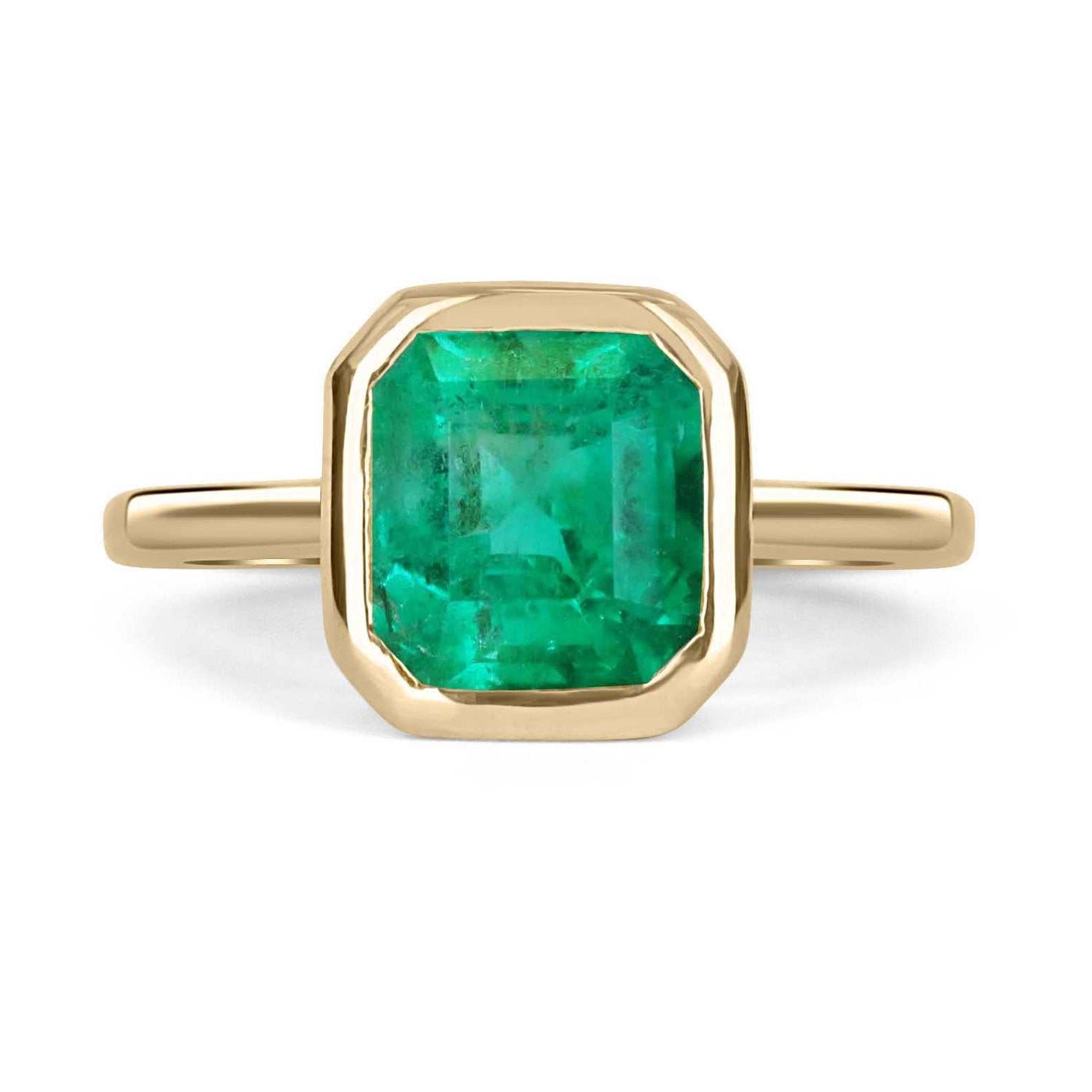 18K Colombian Emerald-Emerald Cut Solitaire Bezel Set Gold Ring