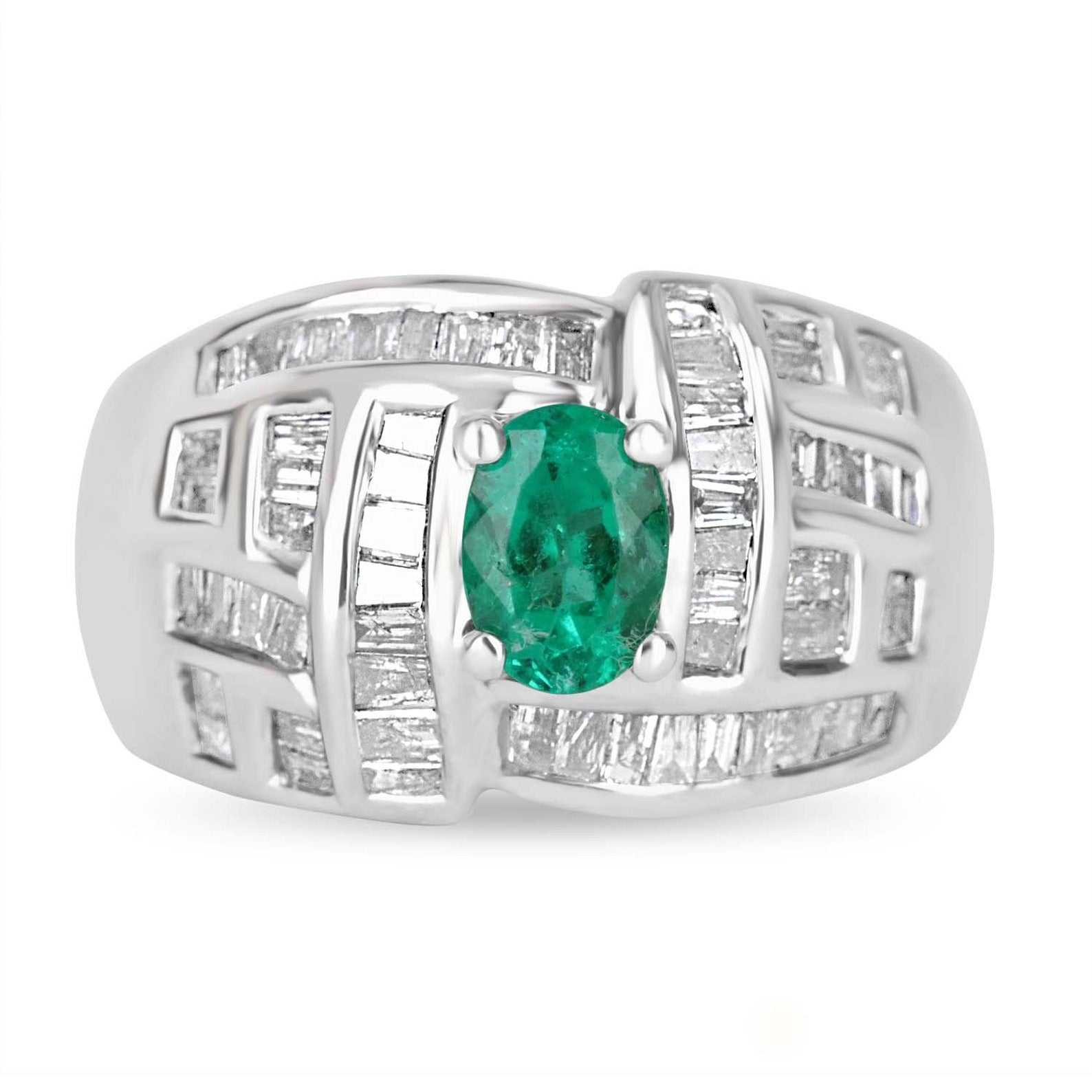 1.0tcw 18K Colombian Emerald-Oval Cut & Diamond Baguette Cocktail Ring - JR Colombian Emeralds