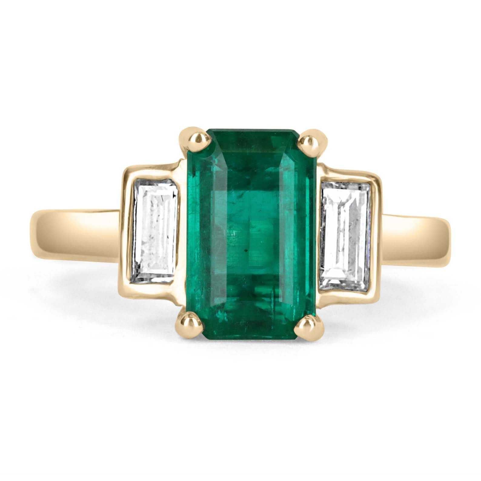 2.15tcw 18K Three Stone Emerald Cut Emerald & Diamond Ring - JR Colombian Emeralds