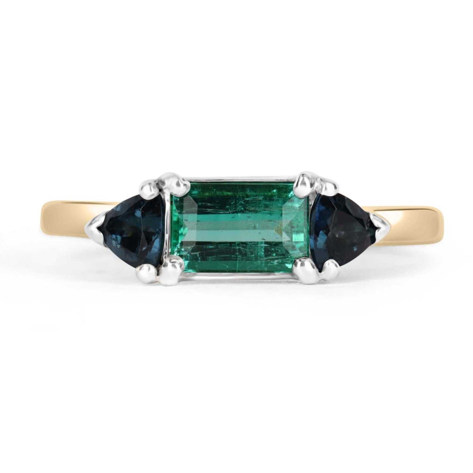 1.63tcw 14K East to West Emerald & Trillion Cut Blue Sapphire Three Stone Ring