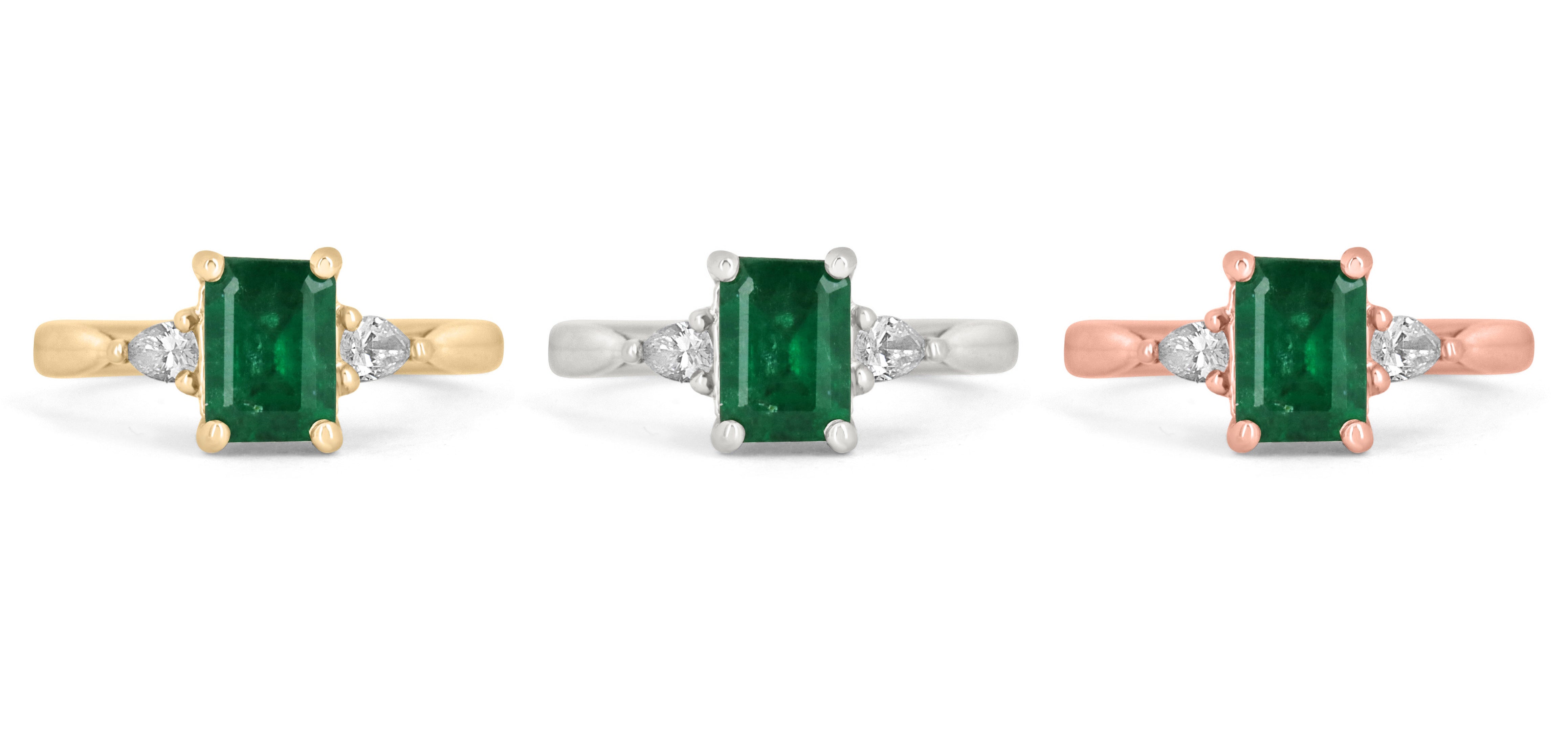 Eternal Radiance: 14K Gold Ring with 1.22tcw Dark Green Emerald Cut & Pear Cut Diamond Three Stone - A Timeless Beauty