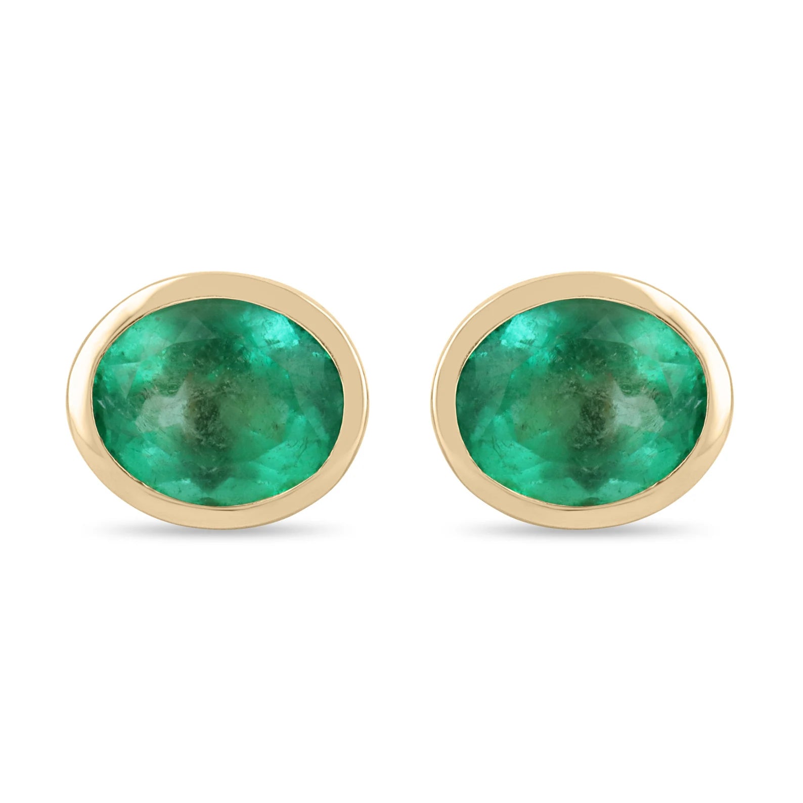 Heirloom 10.45tcw 14K Big Colombian Emerald-Oval Cut Bezel Set Gold Stud Earrings