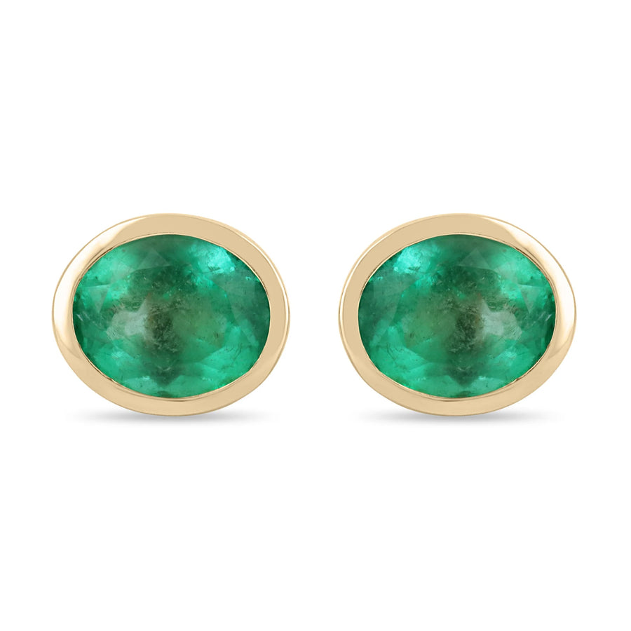 Heirloom 10.45tcw 14K Big Colombian Emerald-Oval Cut Bezel Set Gold Stud Earrings