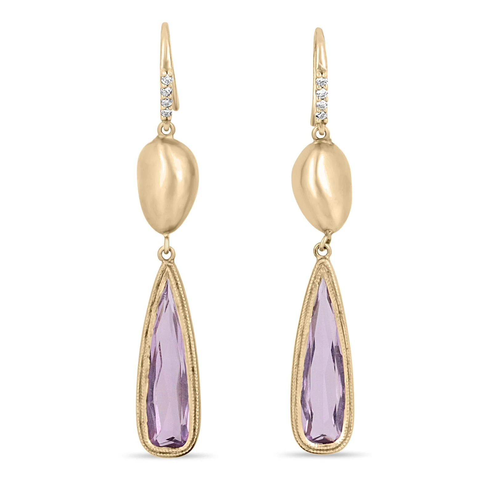 10.08tcw 18K Natural Teardrop Amethyst & Diamond Dangle Hook Earrings - JR Colombian Emeralds