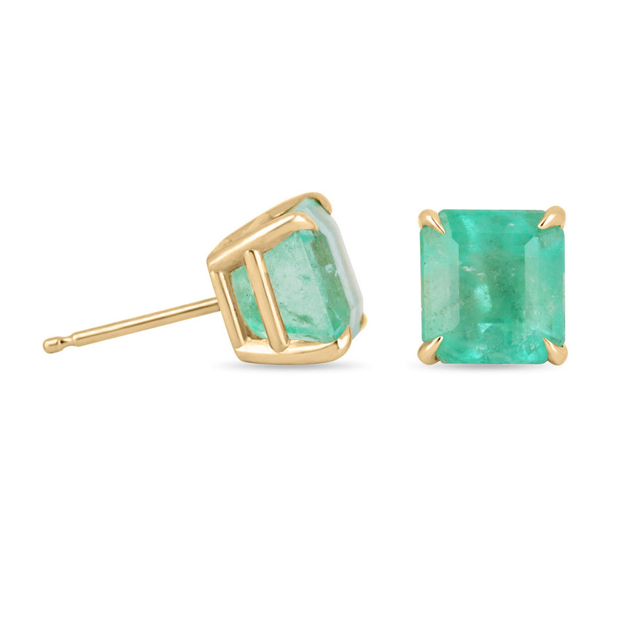 3.34tcw 14K Colombian Emerald Asscher Cut Natural Semi-Transparent Earrings