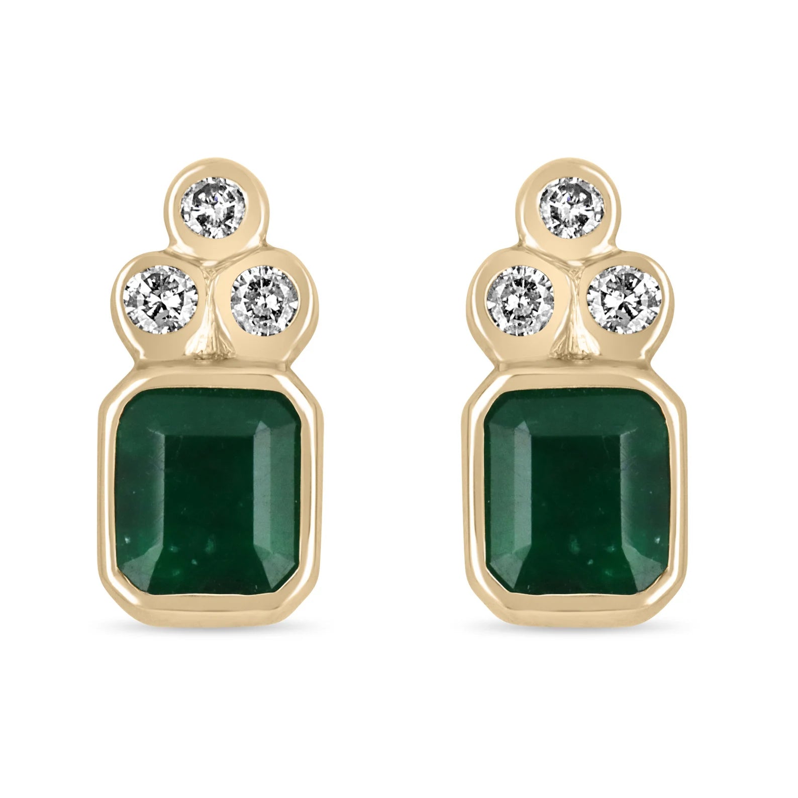 7.01tcw 14K Natural Emerald-Emerald Cut & Diamond Accent Stud Earrings Bezel Set 