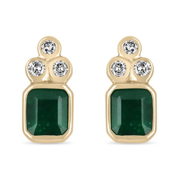 7.01tcw 14K Natural Emerald-Emerald Cut & Diamond Accent Stud Earrings Bezel Set 