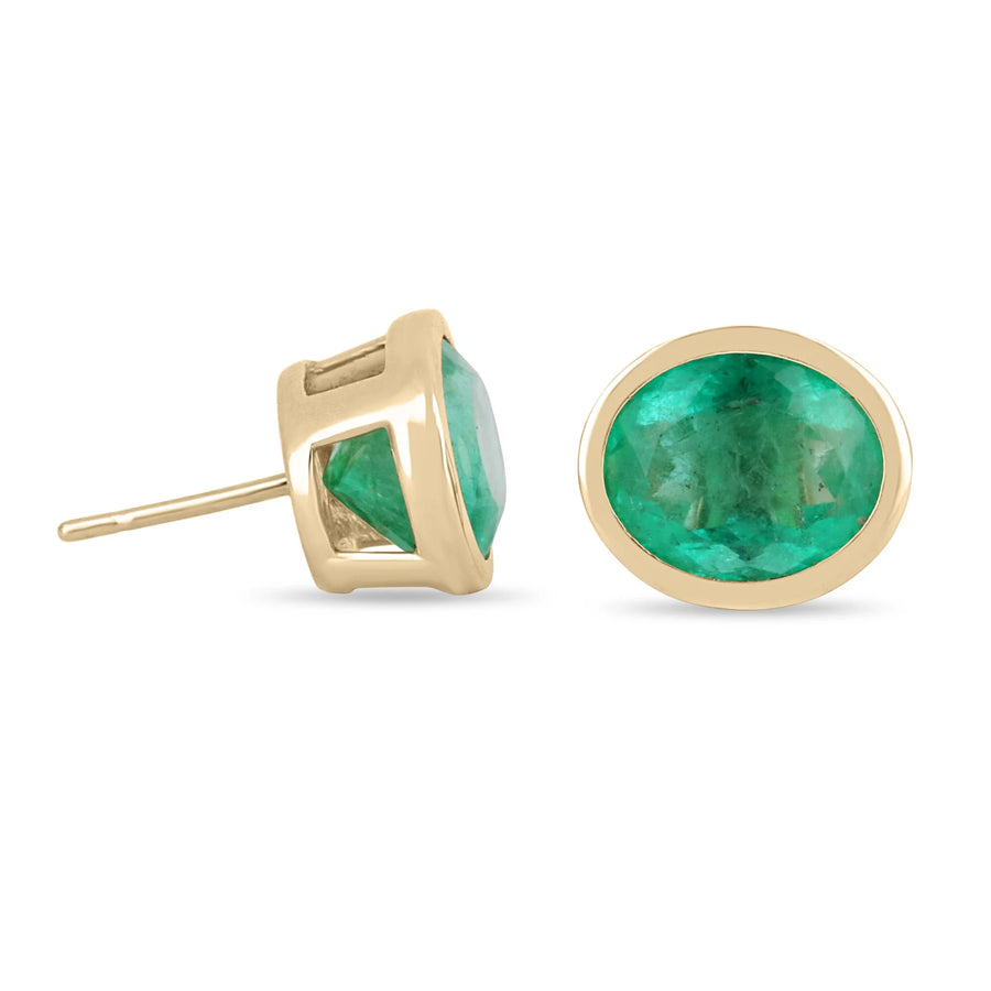 Heirloom 10.45tcw 14K Large Colombian Emerald-Oval Cut Bezel Set Gold Stud Earrings 