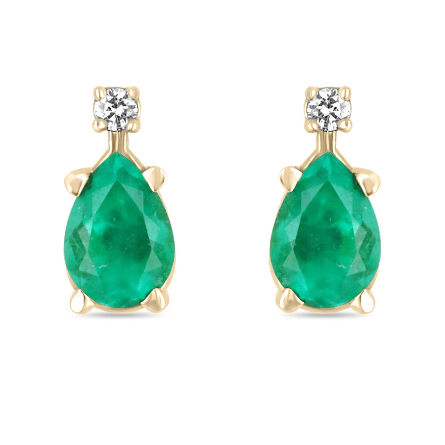 Fine Quality 1.41tcw 14K Colombian Emerald-Pear Cut & Diamond Accent Stud Two Stone Earrings
