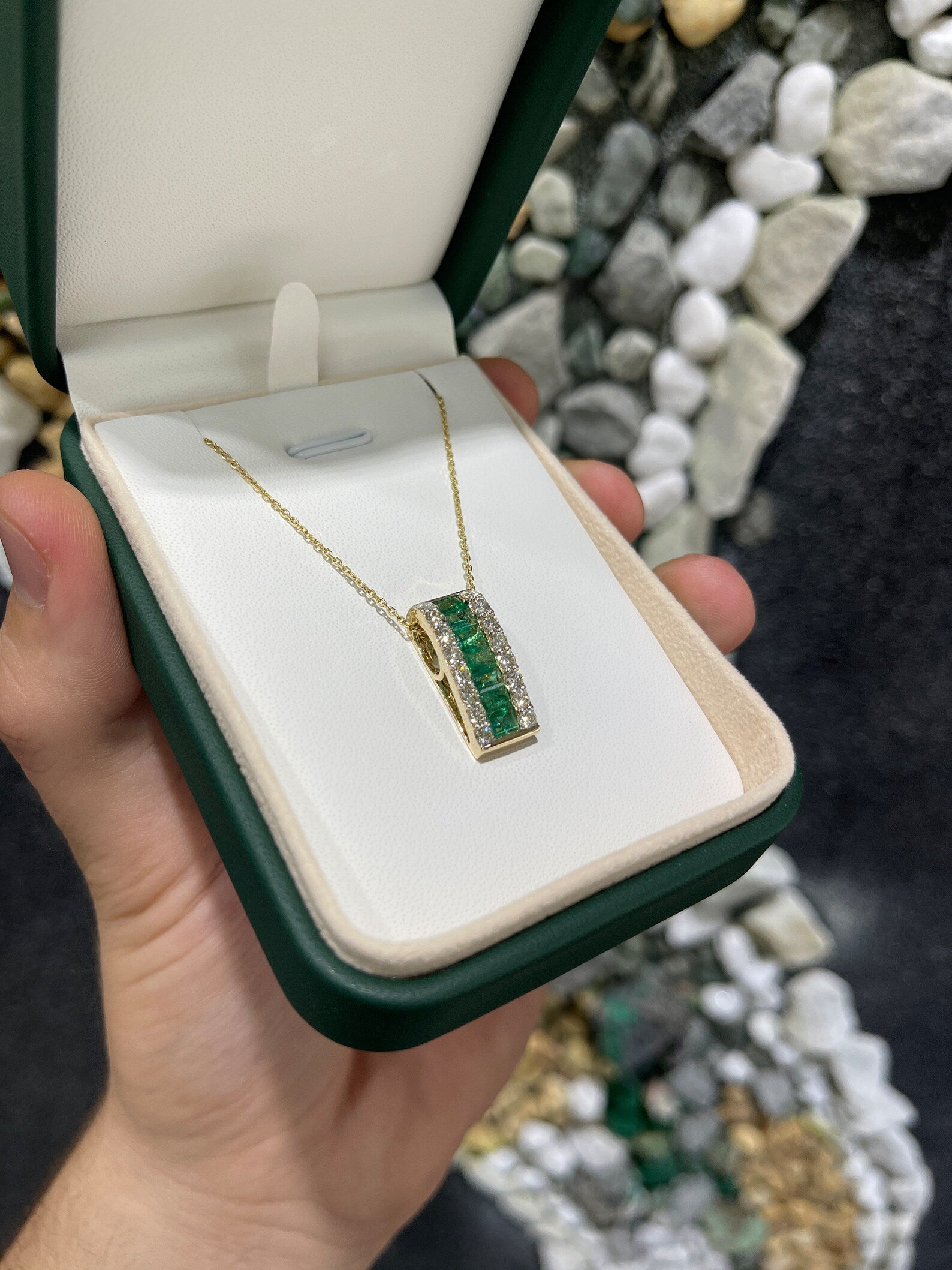 2.23tcw Natural Baguette Channel Set Emerald & Round Diamond Slider Pendant 14K