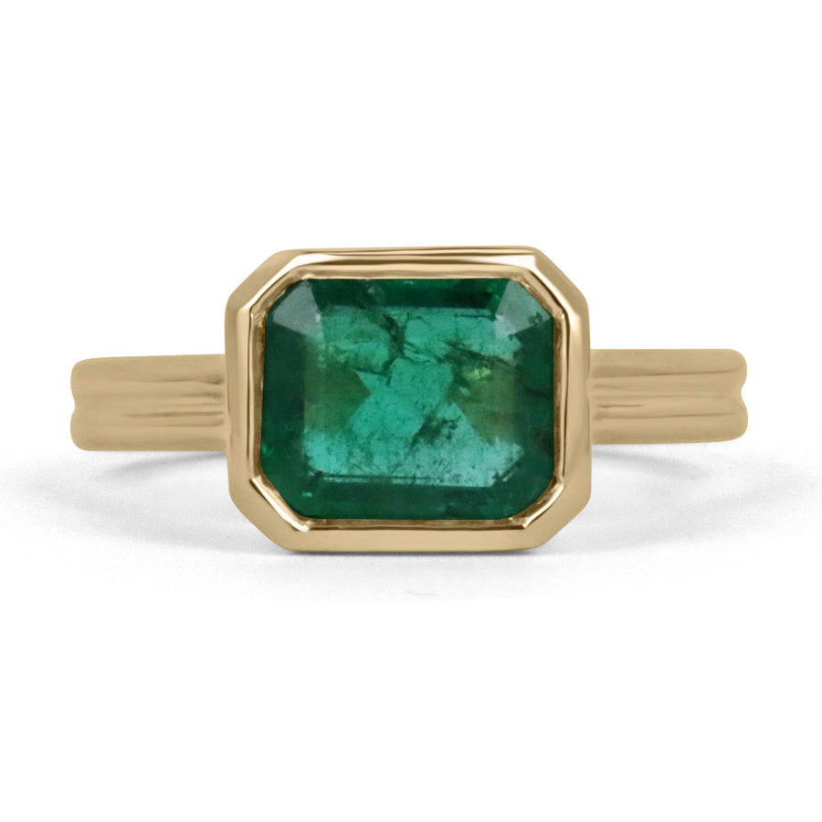 2.75ct Natural East to West Dark Vivid Green Emerald Bezel Solitaire Ring 18K