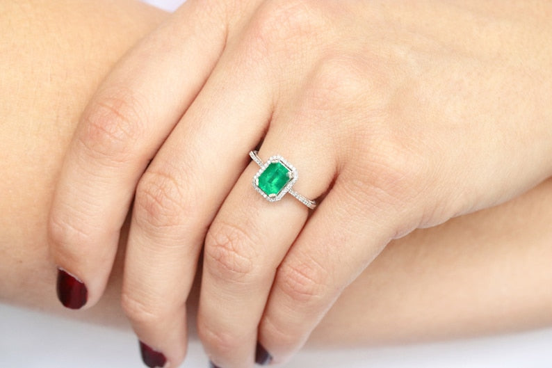 Radiant 14K Gold Ring with 1.35tcw Medium Green Emerald Pave Halo - Engagement Perfection