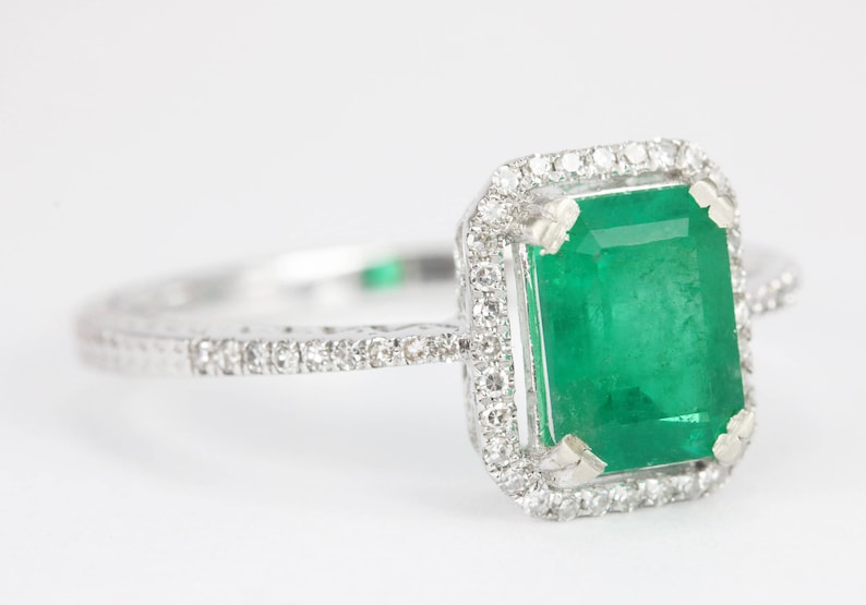 Chic and Sophisticated: Pave Halo 1.35tcw Medium Green Emerald Engagement Ring in 14K Gold