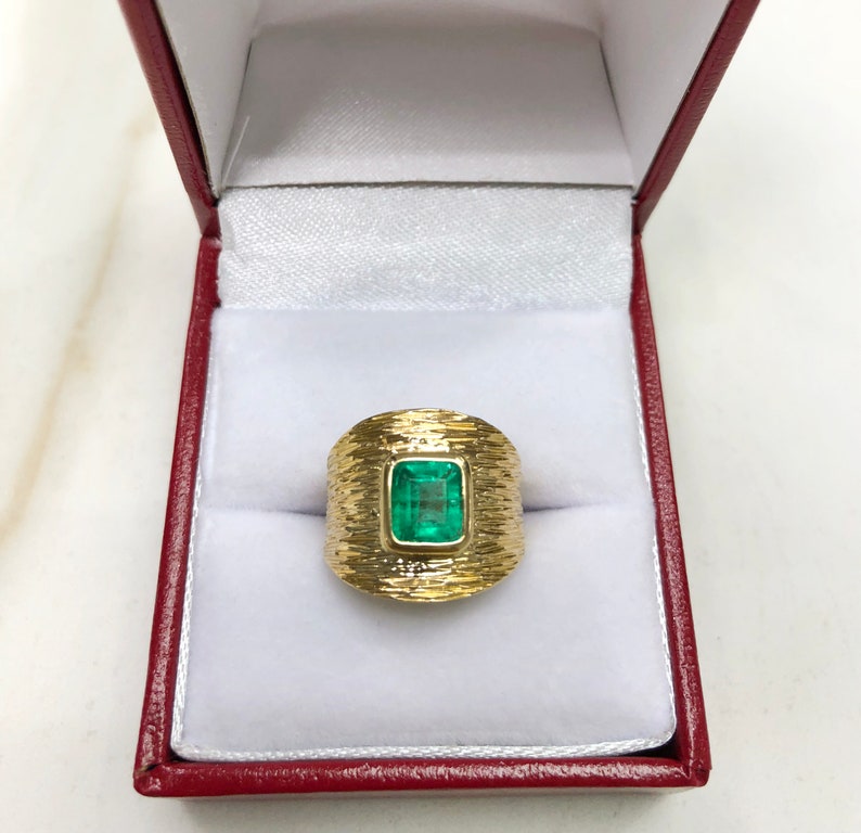 1.30cts 14K Colombian Emerald & Diamond Transparent Mens Ring