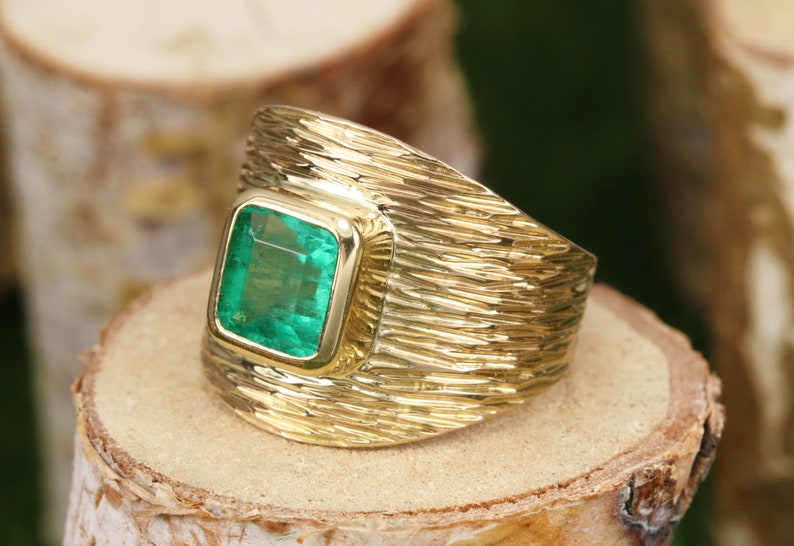 14K Colombian Emerald & Diamond Natural Transparent Mens Ring