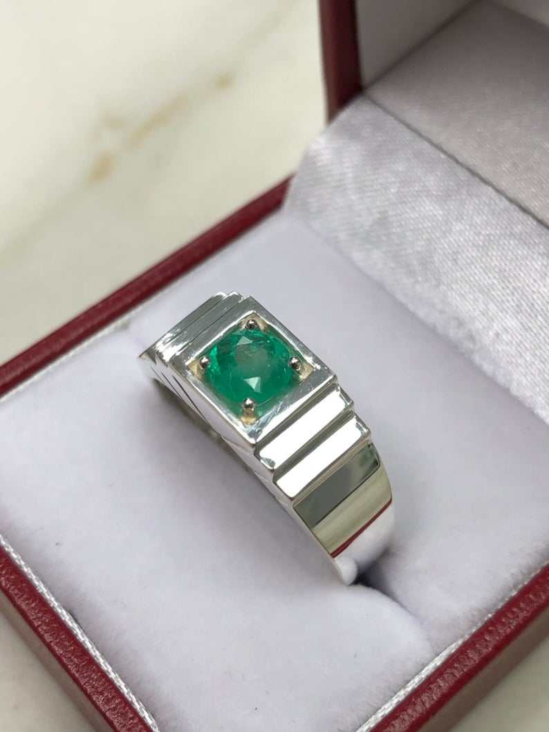 0.70 Carat Round Dark Green Emerald Signet Men's Ring Sterling Silver 925