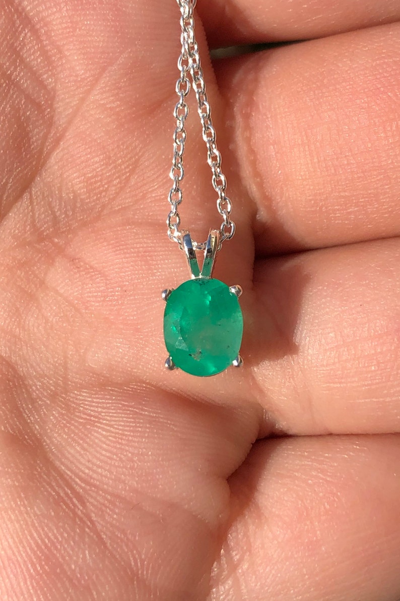 1.60 Carat Colombian Emerald Oval Cut Sterling Silver  Necklace