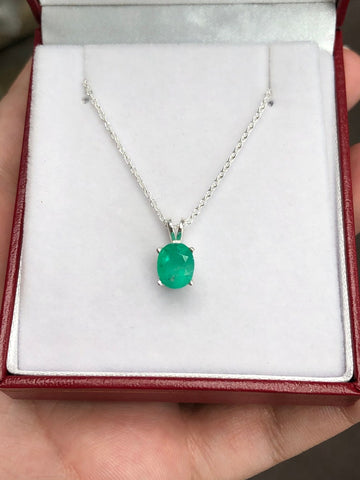 1.60 Carat Colombian Emerald Oval Cut Sterling Silver May Birthstone Necklace