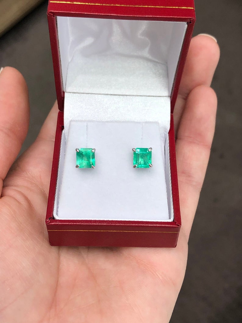 2.38tcw Emerald HAND CRAFTED Studs White Gold 14K