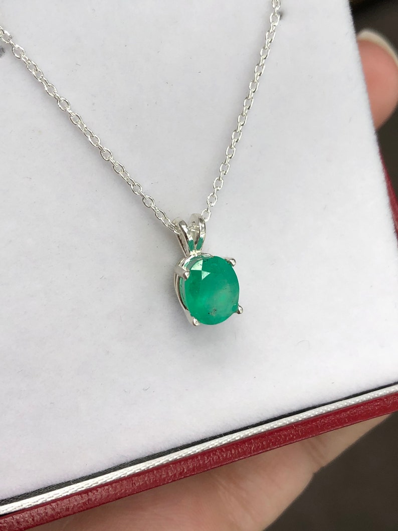 Colombian Emerald Oval Cut Sterling Silver May Birthstone Necklace