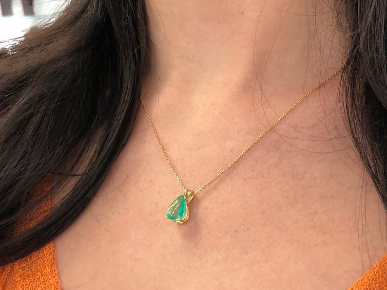 1.90 Carat 18K Colombian Emerald Pear Cut  Gold Pendant