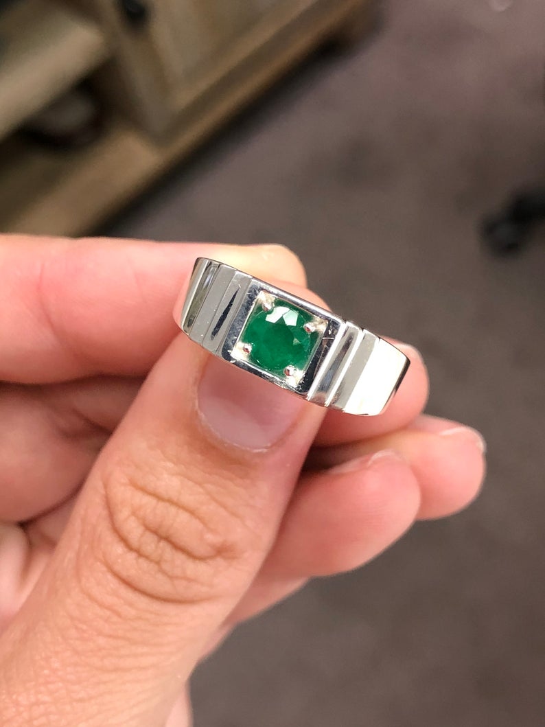0.70 Carat Emerald Men's Ring Sterling Silver 925