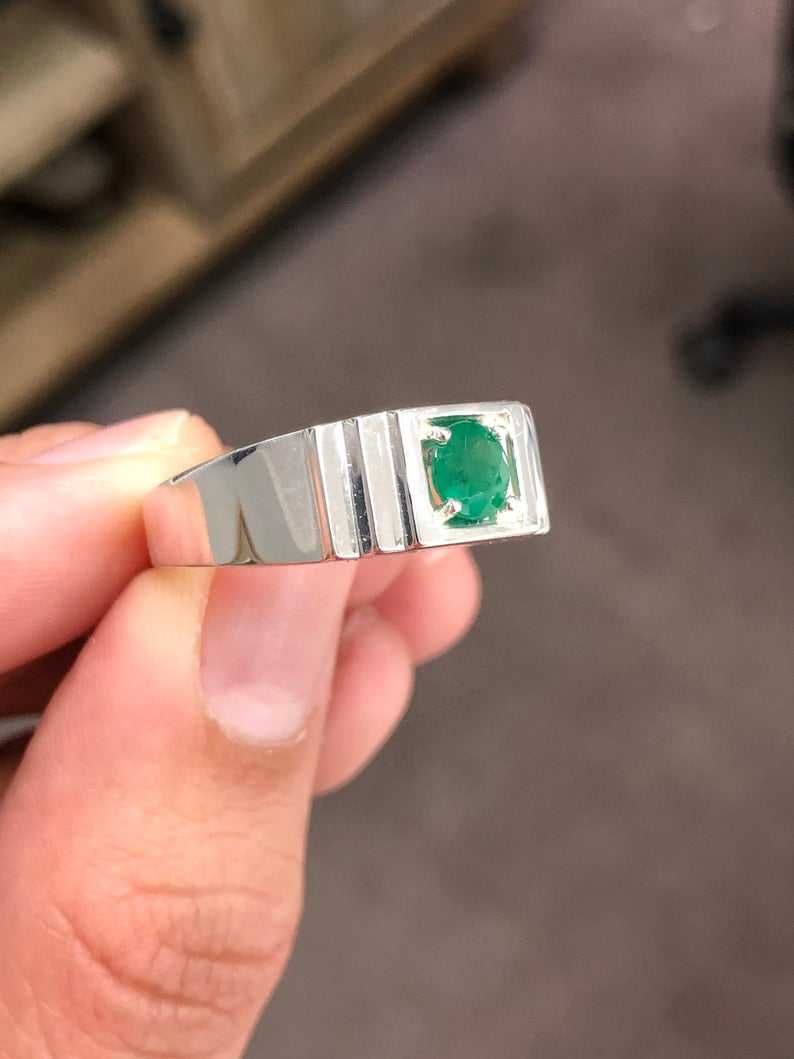 0.70 Carat Round Dark Green Emerald Signet Men's Ring Sterling Silver 925