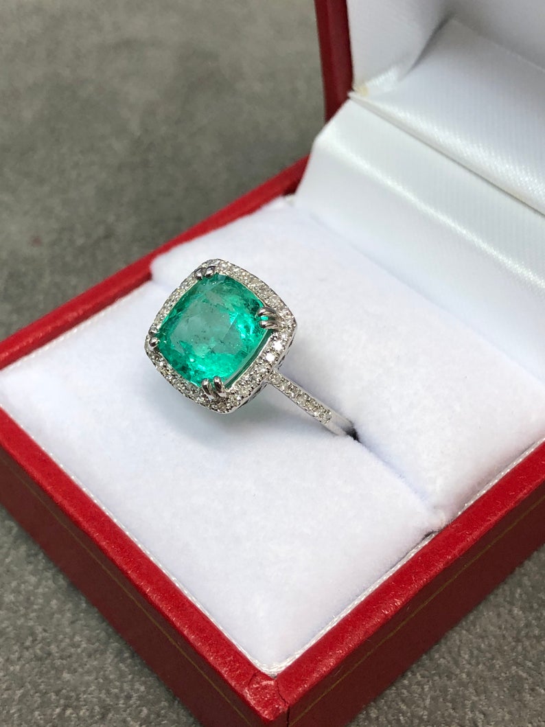 3.35tcw Cushion Cut Natural Emerald Diamond Halo Engagement Ring 14K
