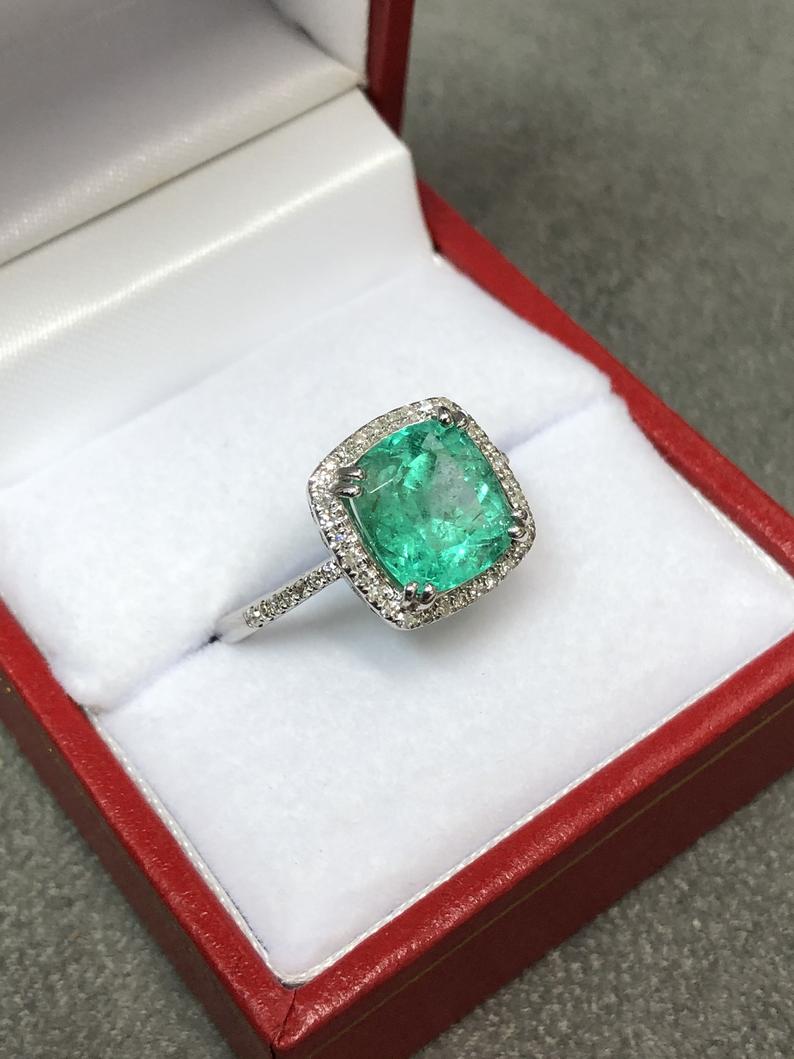 3.35tcw Cushion Cut Natural Emerald Diamond Halo Engagement Ring 14K