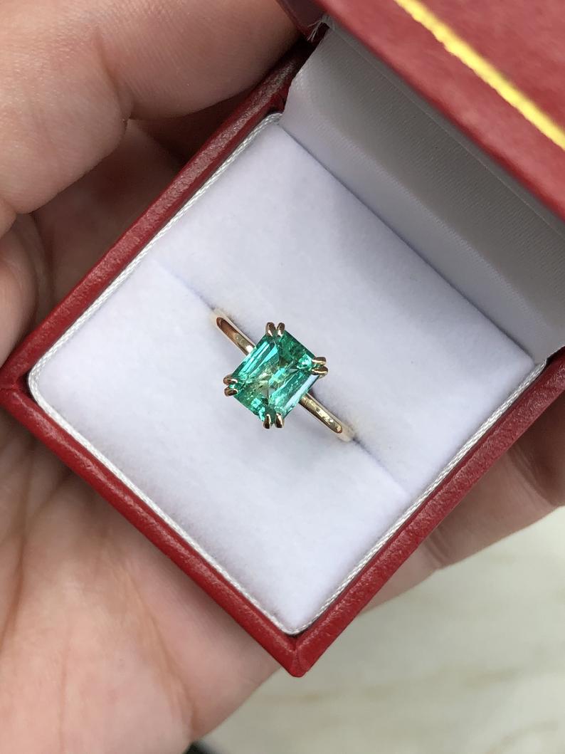 Double Claw Prong Colombian Emerald Solitaire 14K Gold Ring