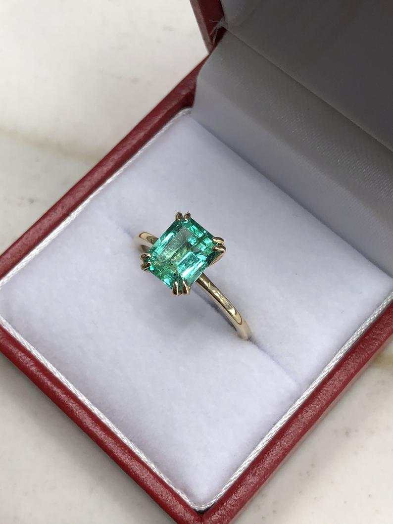 Radiant 14K Gold Ring with 1.80cts Double Claw Prong Colombian Emerald Solitaire - Timeless Charm