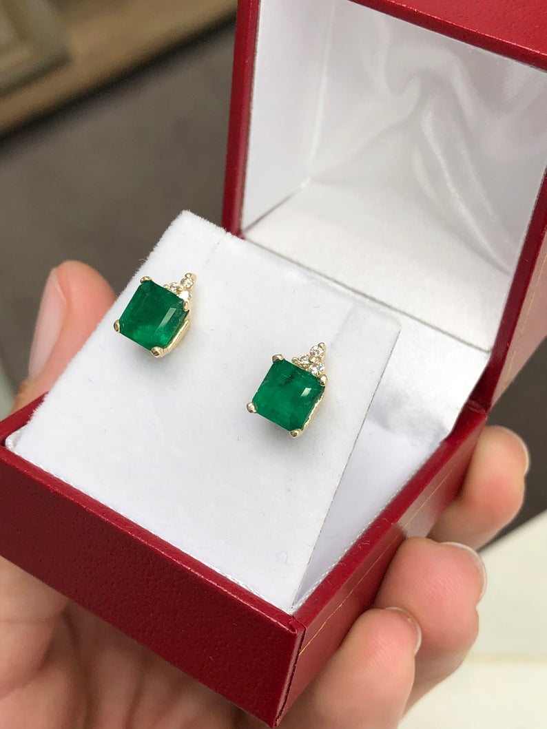2.92tcw Emerald Earrings, Emerald & Diamond Accent Stud