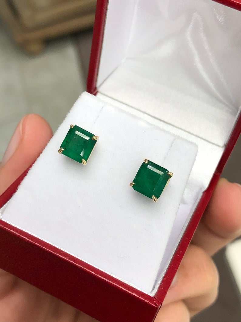 Gorgeous 3.26tcw Natural Dark Rich Green Emerald Stud Earrings 18K