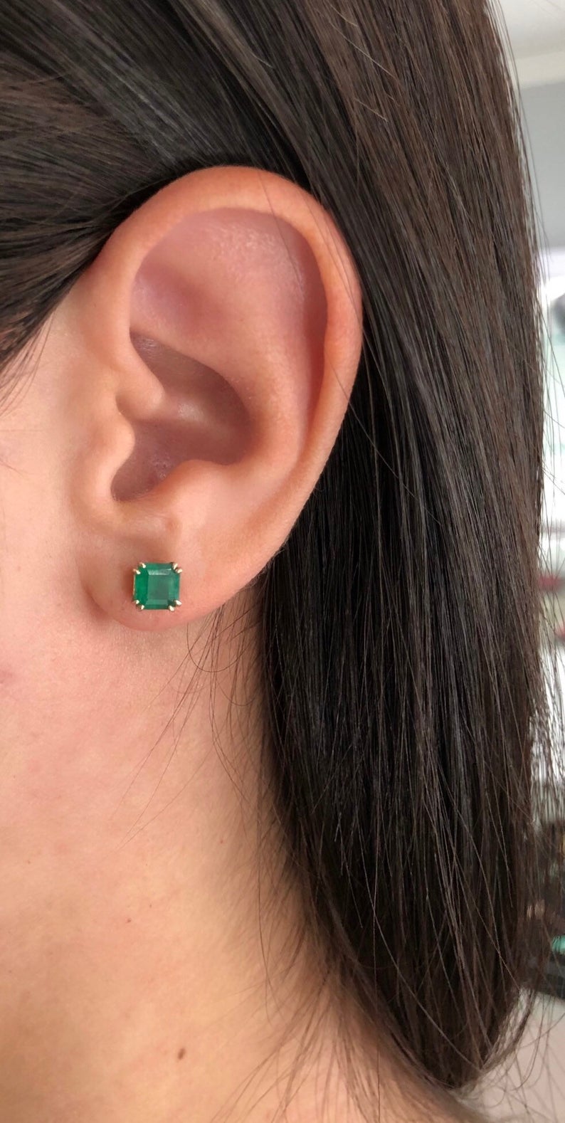 Gold Double Prong Natural Emerald Earrings 14K