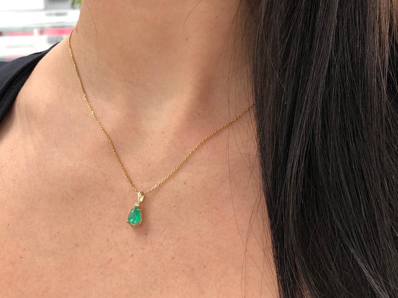 Cabochon Emerald Pear & Diamond Accent Pendant 