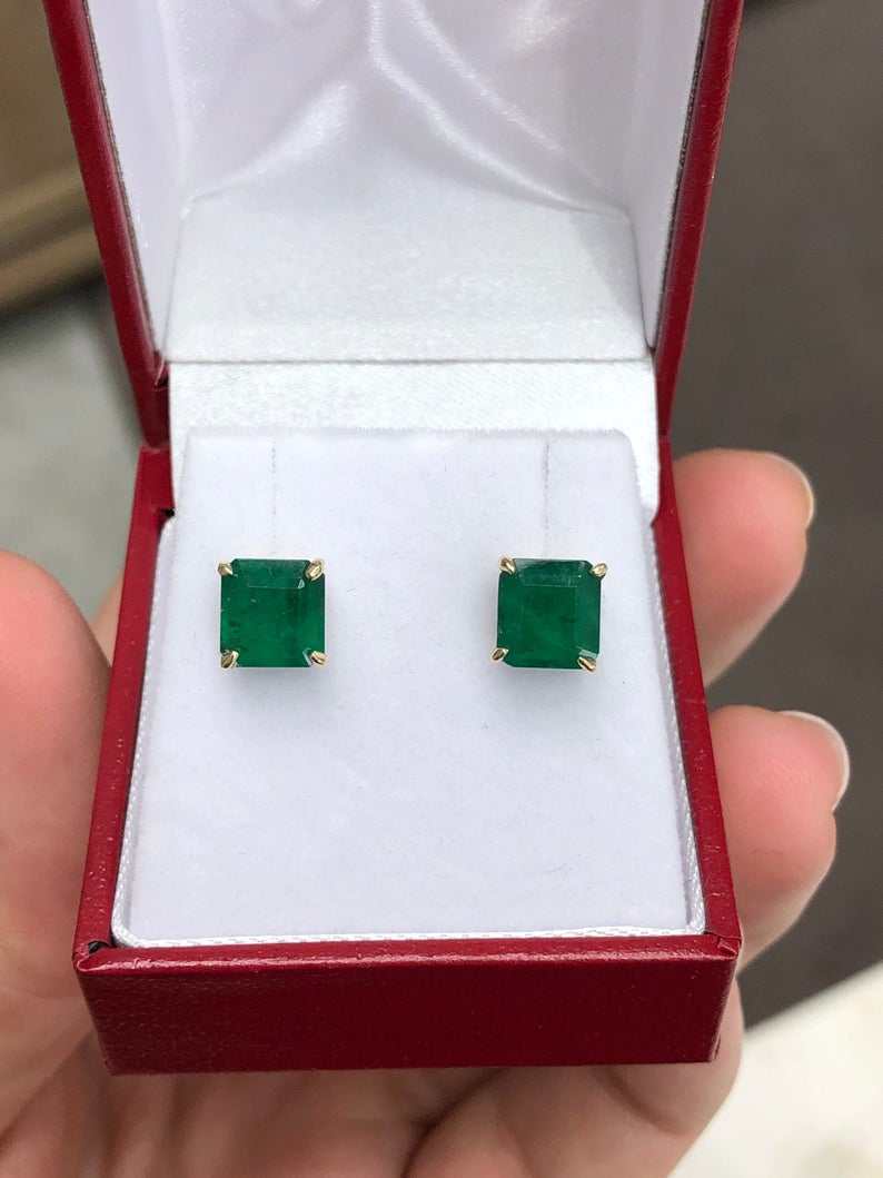 Gorgeous 3.26tcw 18K Gold Natural Dark Rich Green Emerald Stud