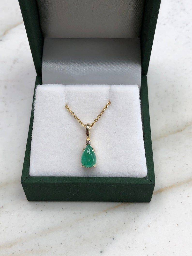 0.83tcw Cabochon Emerald Pear & Diamond Accent Pendant 14K