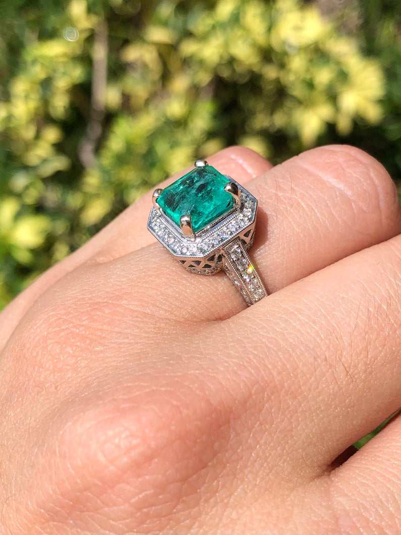 3.0tcw Genuine Colombian Emerald & Diamond Halo Engagement Ring