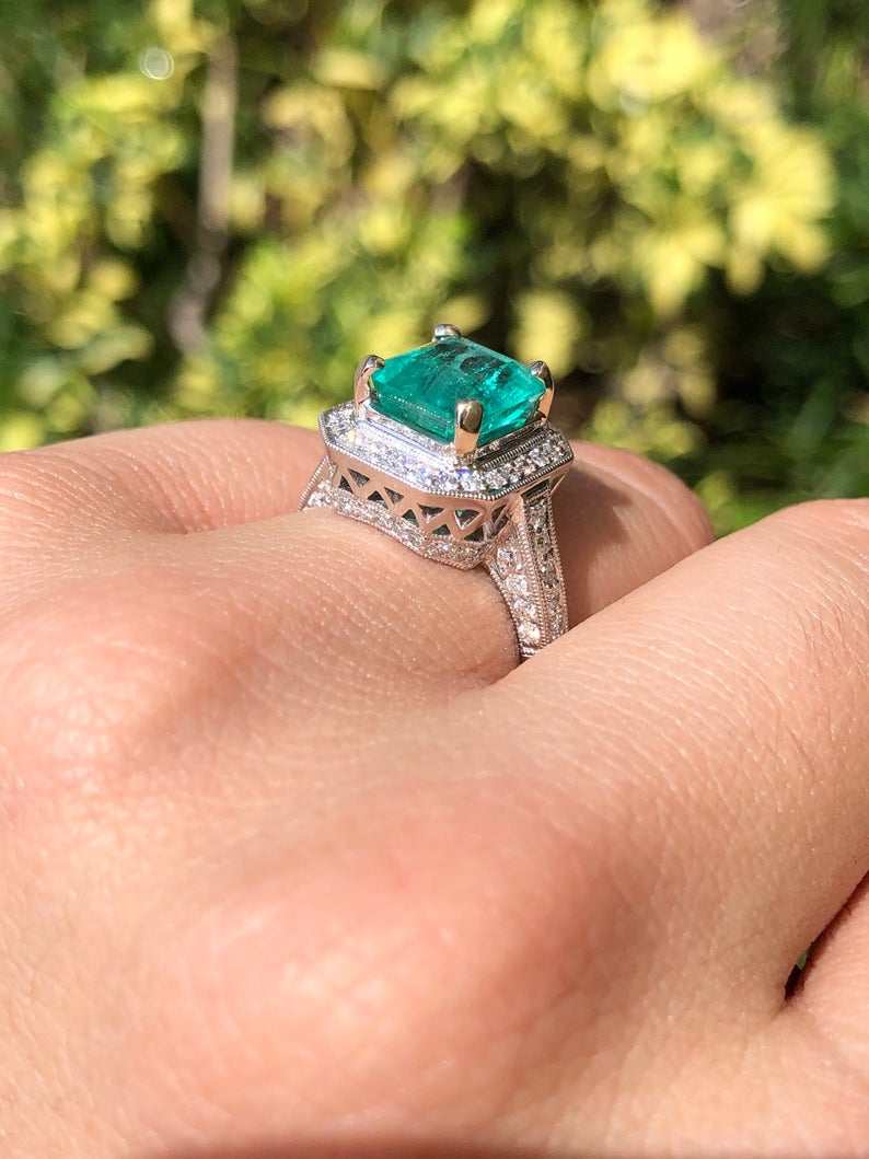 3.0tcw Genuine Colombian Emerald & Diamond Halo Engagement Ring