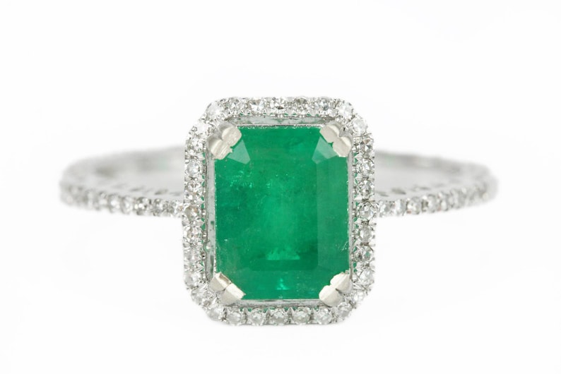 1.35tcw 14K Medium Green Modern Emerald Pave Halo Engagement Ring With Accents