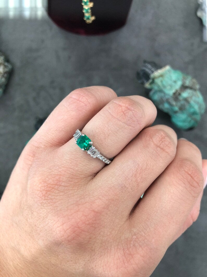 Asscher Emerald Cut Solitaire with Diamond Baguettes Accent Ring