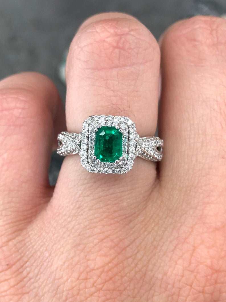 2.23tcw AAA+ Emerald & Diamond Halo Statement Ring 14K