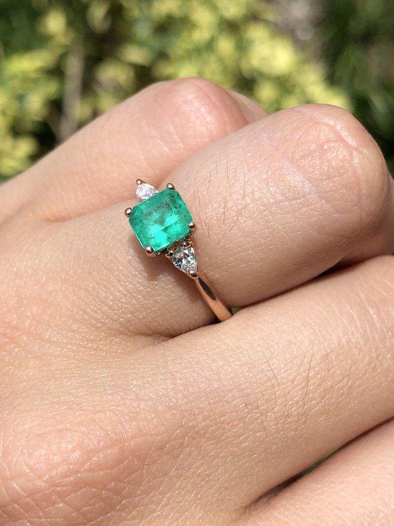 Eternal Radiance: 14K Gold Ring with 1.38tcw Three Stone Asscher Cut Colombian Emerald & Pear Diamond - A Timeless Beauty