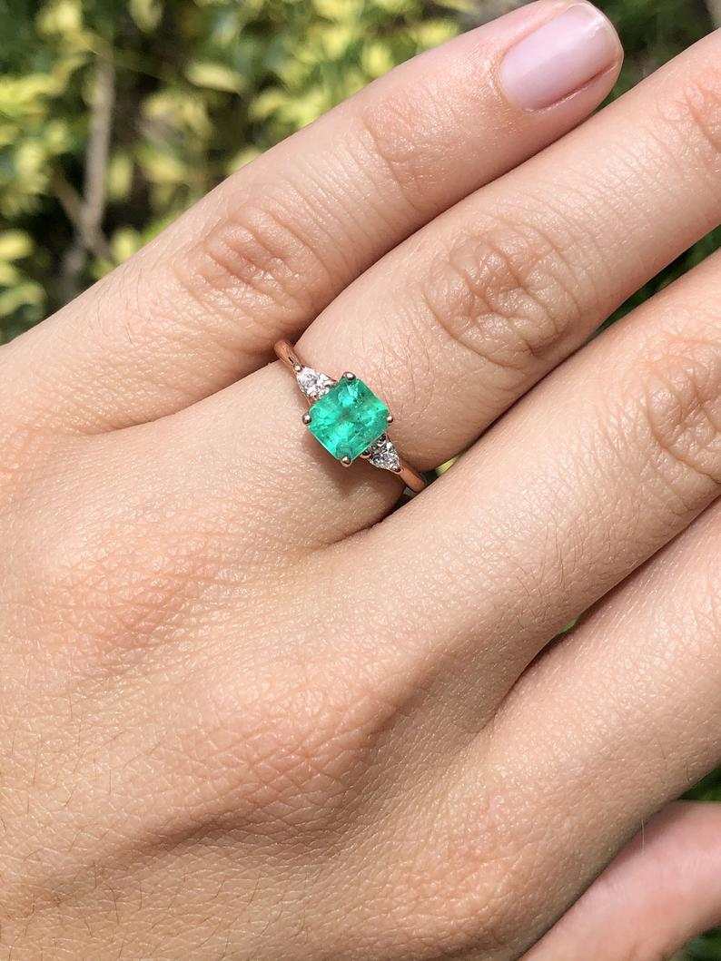 1.38tcw Three Stone Asscher Cut Colombian Emerald & Pear Diamond Ring 14K