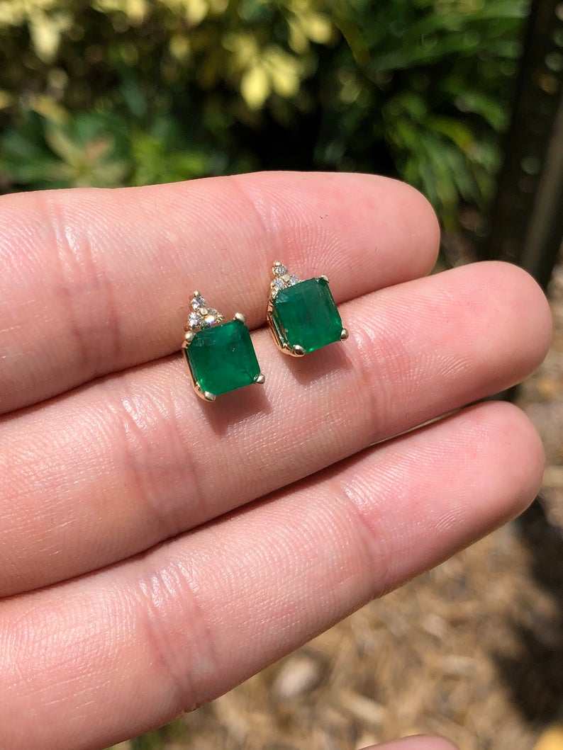 2.92tcw Square Cut Dark Green Emerald & 3 Stone Diamond Accent Stud Earrings 14K