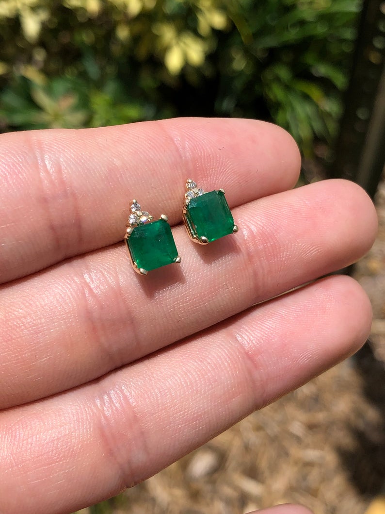 Emerald & Diamond Accent Stud Earrings